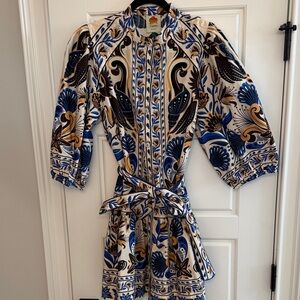 NWOT Farm Rio Print Blue and Tan Belted Mini Dress